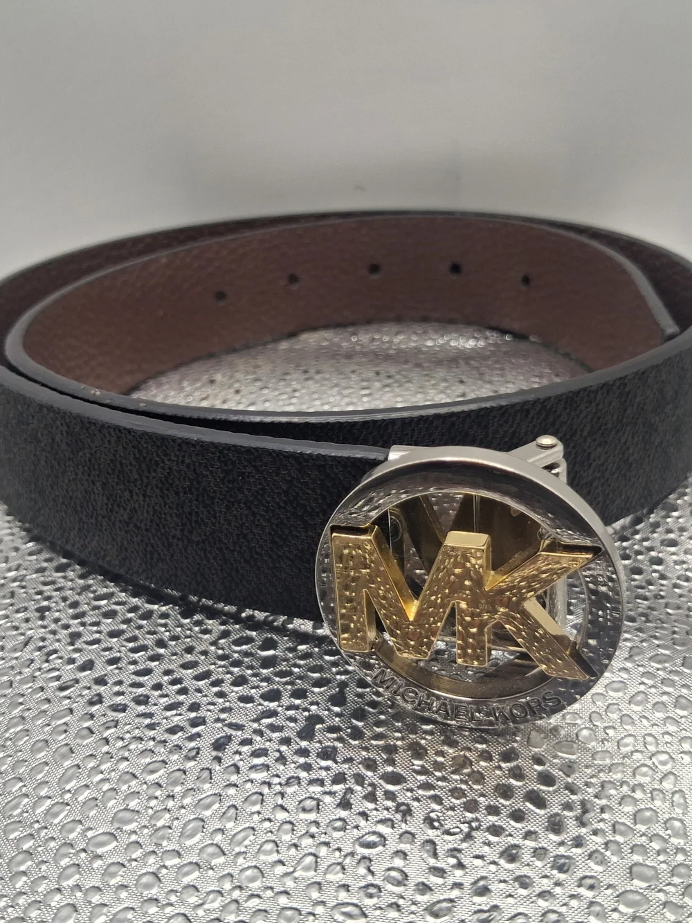 Michael Kors Womens Black Leather Belt with Gold MK Logo Buckle